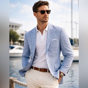 Stafford Classic Fit Linen Cotton Blazer 48R Blue Herringbone Preppy Coastal